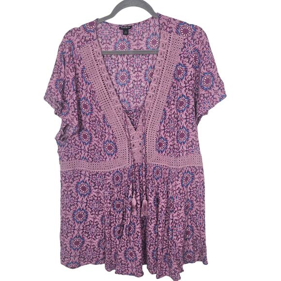 Torrid Floral Babydoll Top Plus Size 3X Crochet Tasseled Boho Cottage Soft Girl - Picture 2 of 9